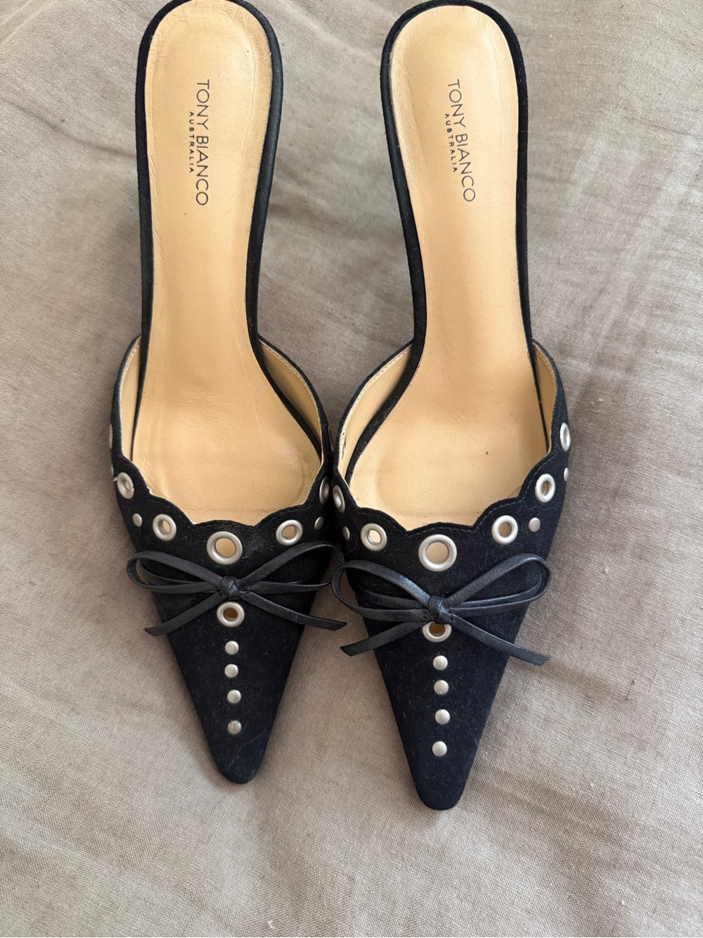 Tony Bianco Black Pointed Eyelet Bow Mules